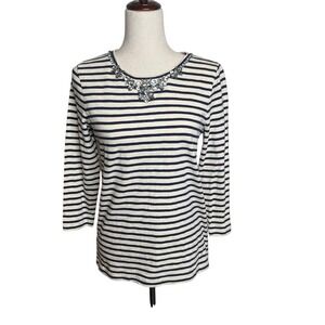 J. Crew Striped Embellished Jeweled 3/4 Sleeve Top Striped Preppy Tee Sz Small
